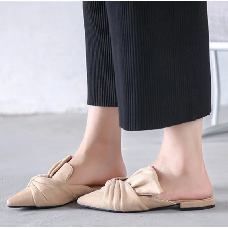 Women Slippers Summer Mules Shoes Women Suede Slide Flock Slippers Female Mules Low Heels Pointed Toe Bowtie Zapatos De Mujer