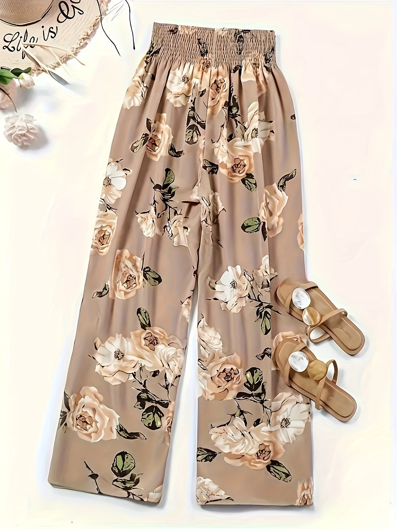 Women's Polyester Blend High-Waisted Floral Print Straight Leg Pants With Elastic Waistband, Suitable For Spring, Summer, Autumn And Winter | IFYHOME