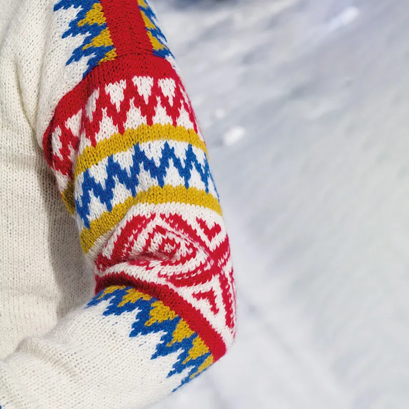 Beige Contrast Color Thread Jacquard Iceland Sweater