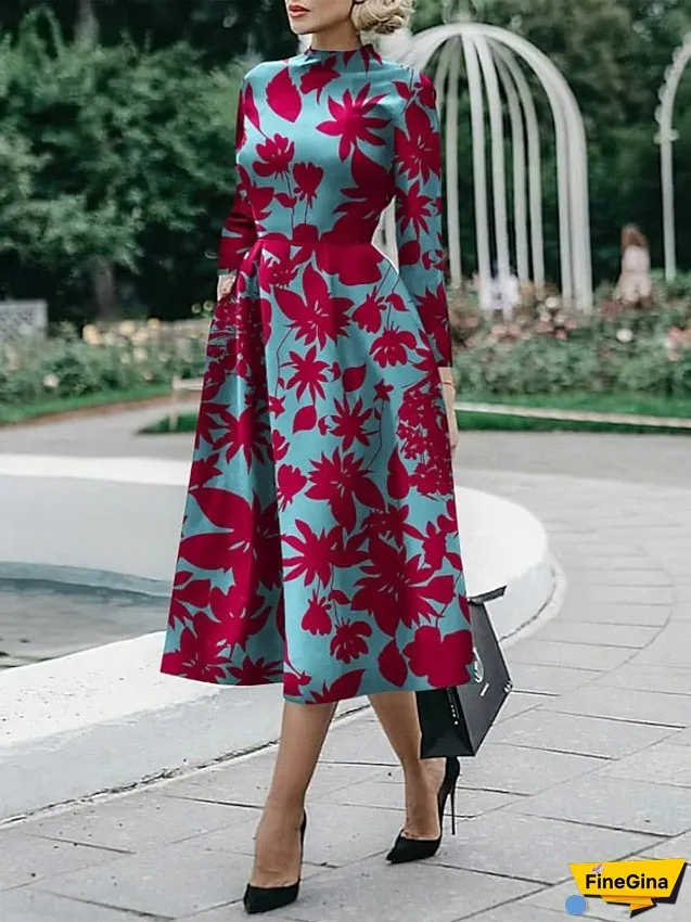 Women's Dress - Sheath Dress Midi Dress Midi Dress Black White Red Long Sleeve Floral Ruched Fall Winter Autumn Shirt Collar Stylish Winter Dress Fall Dress S M L XL XXL 3XL