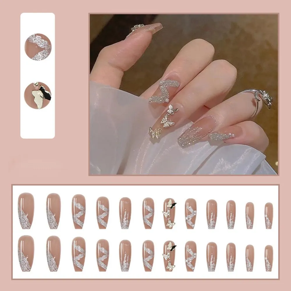 Long Coffin False Nails Aurora Butterfly with designs French Ballerina fake Nails wearable nail stickers Full Cover Nail Tips