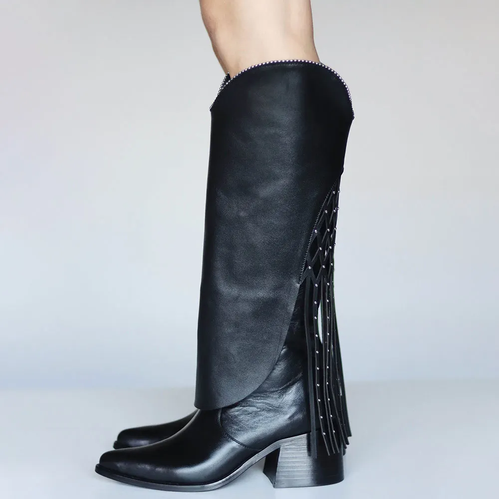 Black Studded Fringe Fold Over Western Knee High Boots for Women
