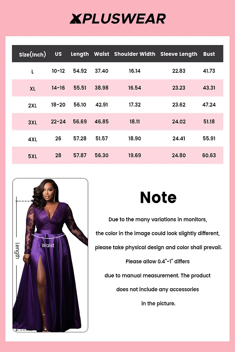 Plus Size Formal Lace Satin Purple V Neck Long Sleeve Split See Through Maxi Dresses