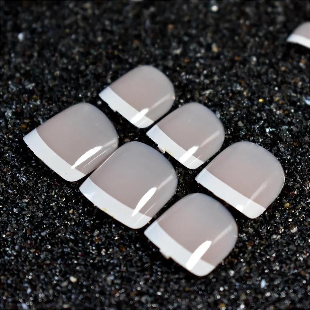 Beige White French Nails Acrylic Nude Toe Nails Shiny Surface Toenails Tips Decoration Designed Fake Nails 24pcs/kit-Nail Inspo