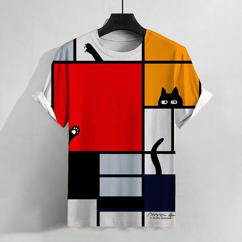 Vintage Colorblock Mondrian Cat Art Print Casual T-Shirt  artssus
