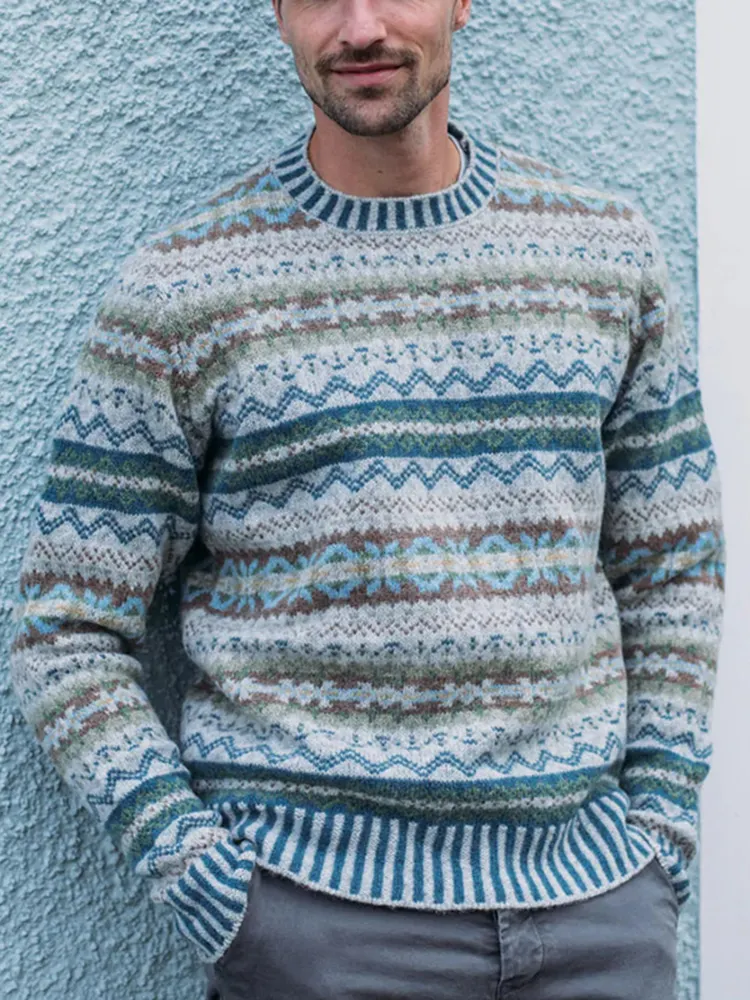 Vintage Shetland Knit Jacquard Icelandic Crew Neck Sweater（Unisex ）