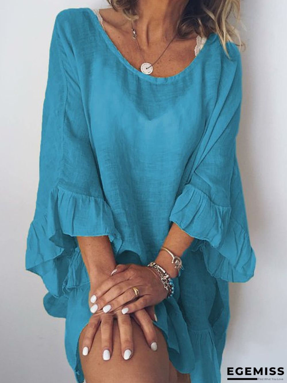 Cotton Solid Color Dress Stitching Lotus Leaf Sleeve Loose Beach Blouse | EGEMISS