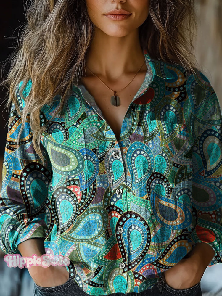 Women&rsquo;s Vintage Paisley Cashew Pearls Print Casual Long Sleeve Comfortable Cotton Shirt
