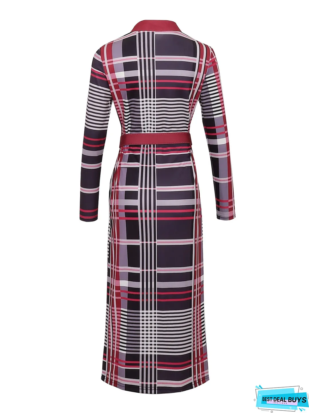 Bodycon Plaid V-neck Dress Without Belt, Elegant Long Sleeve Dress For Spring & Fall, Women's Clothing