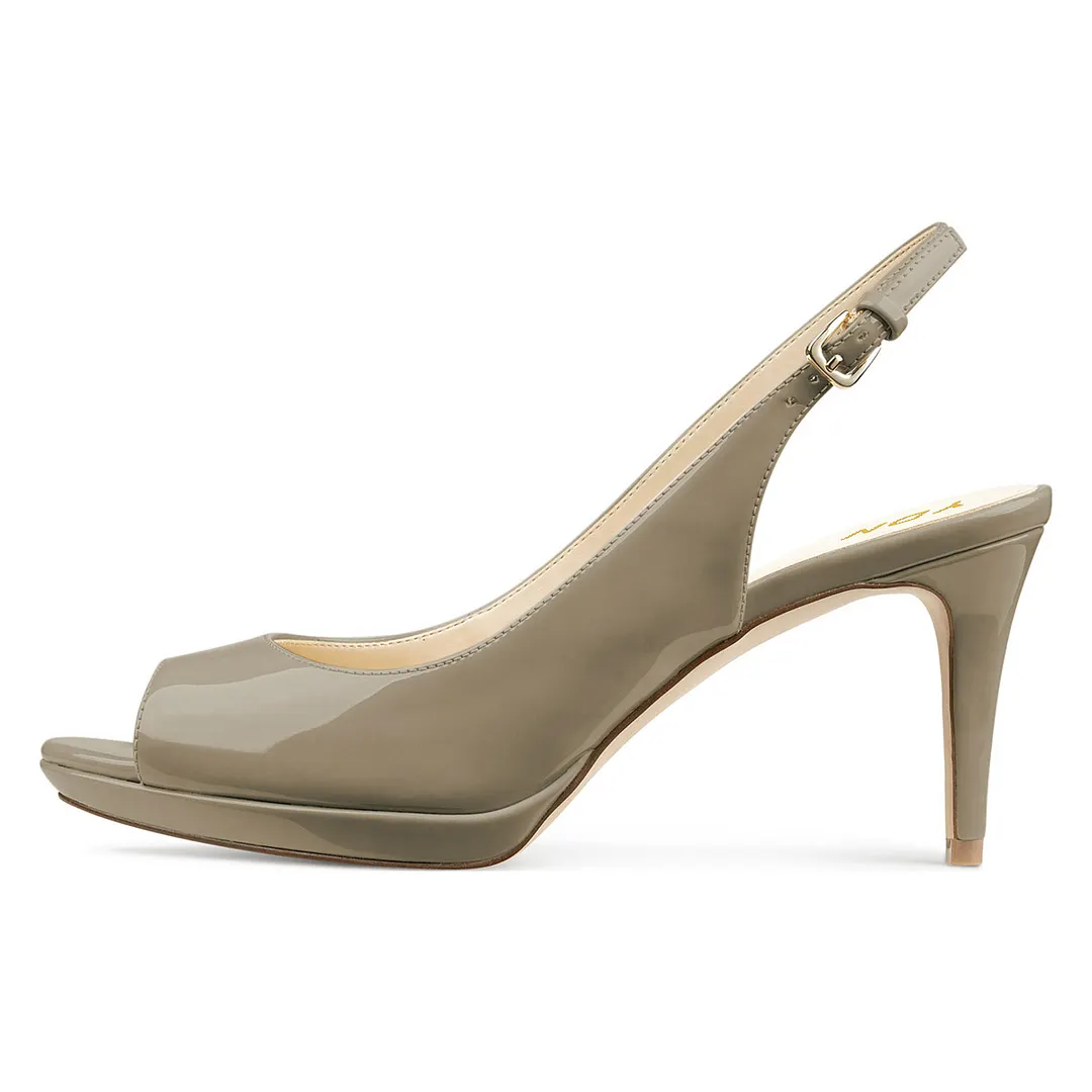 Gray Peep Toe Patent Leather Platform Slingback Sandals for Women