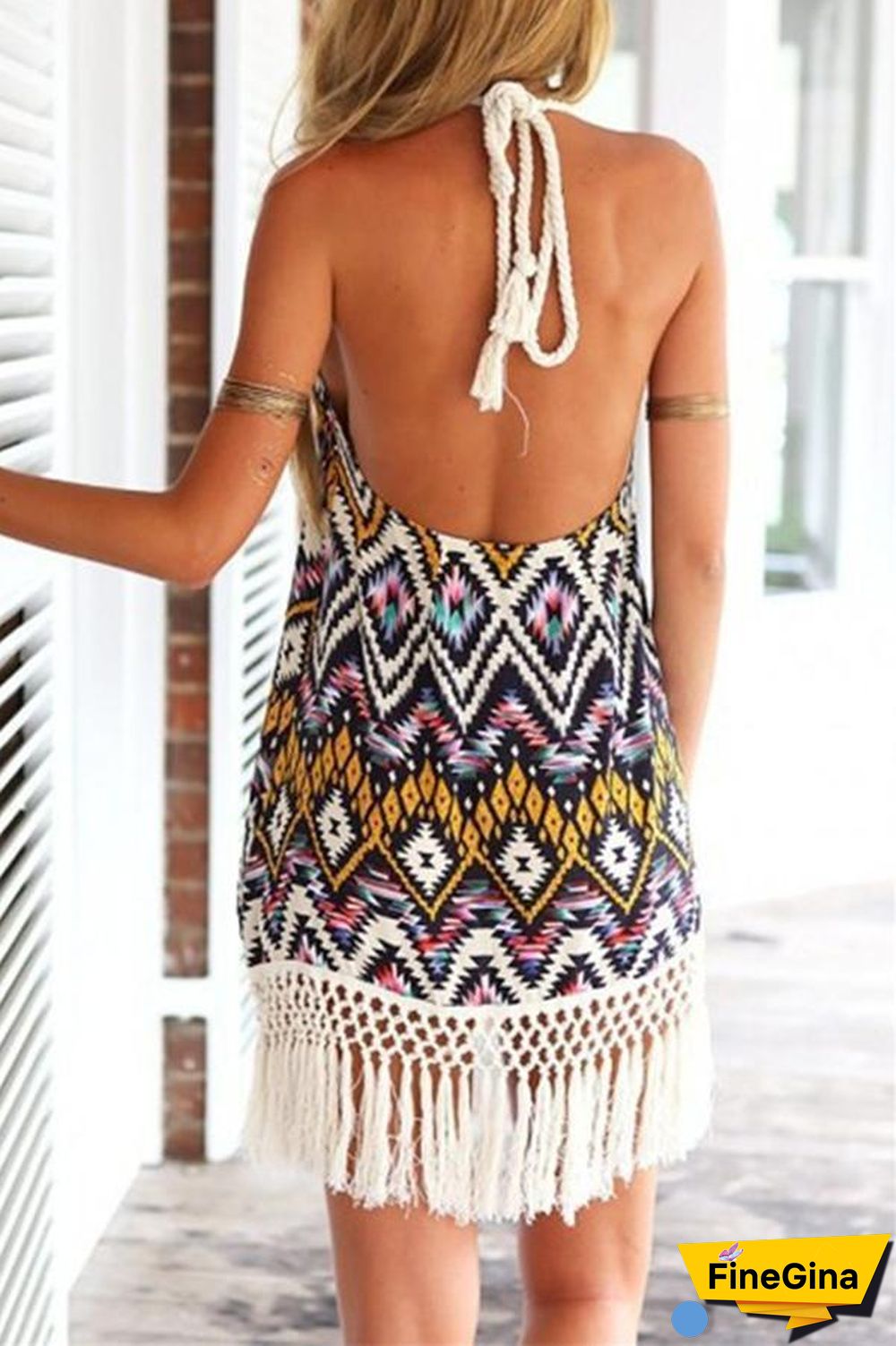 Tribal Printed Halter Neck Fringed Dress P16045