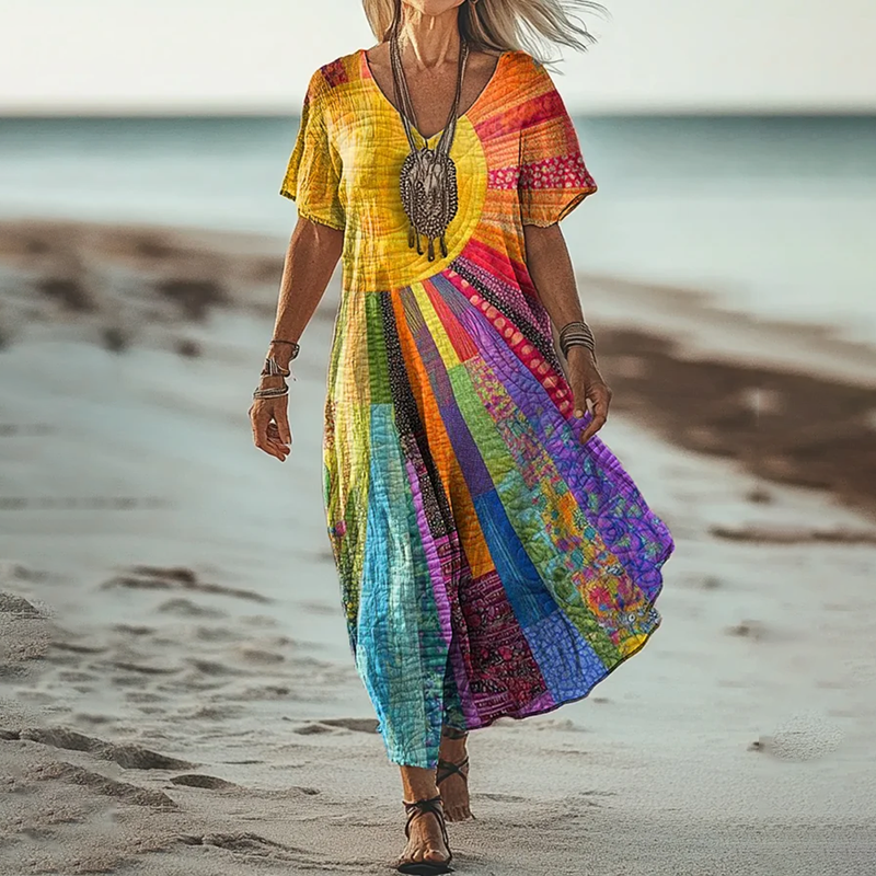 Vintage Colorful Sun Collage Art Pattern Linen Blend  V-neck Loose Midi Dress artswardrobe