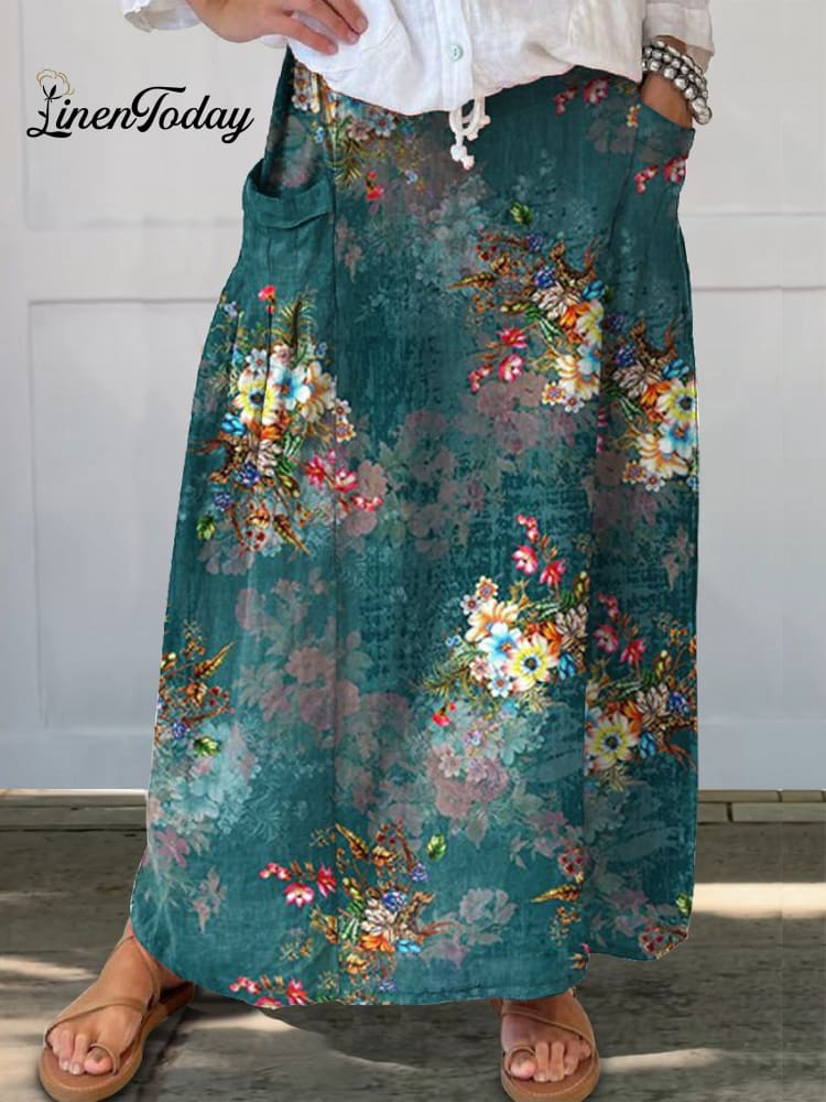 Women&rsquo;s Floral Print Linen Pocket Skirt Multicolor / S