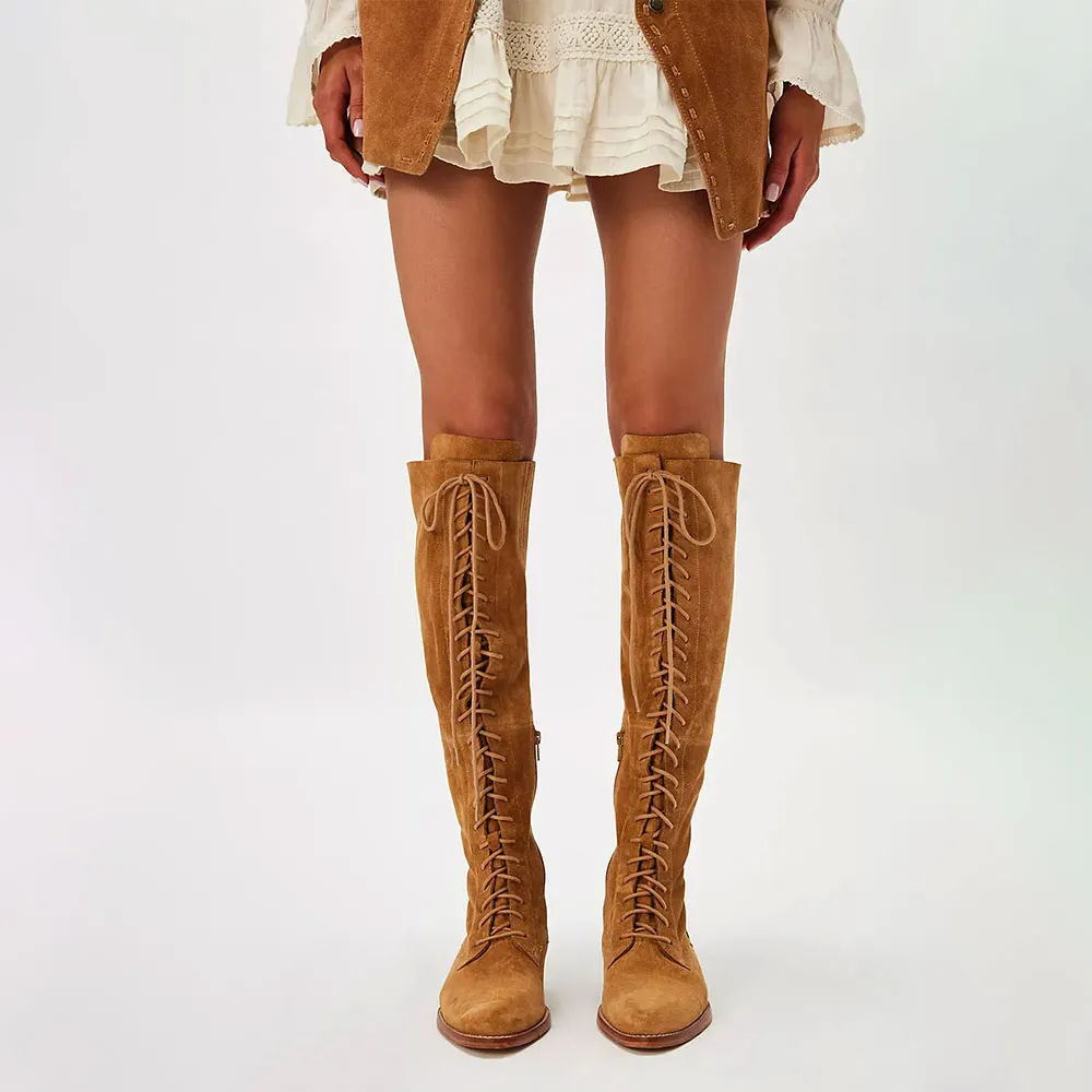 Brown Closed Toe Flat Zipper Over the Knee Female Lace Up Boots