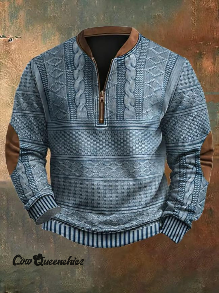 Men&rsquo;s Vintage Knit Print Zip-Up Sweatshirt Blue / S
