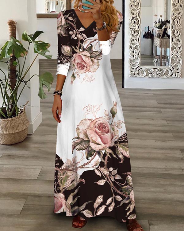 Casual Loose V Neck Floral Long Sleeve Dress