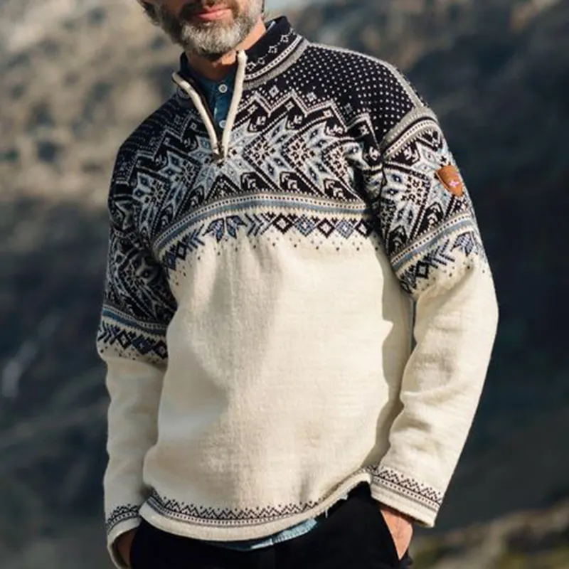Vintage Warmth Vail Knit Jacquard Icelandic Half Zip Collar Sweater（Unisex ）