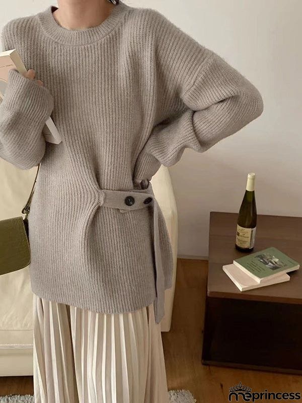 Casual Long Sleeves Loose Solid Color Round-Neck Sweater Tops
