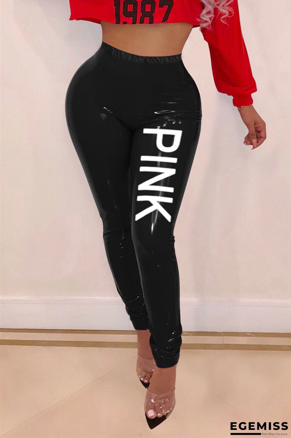 Black Fashionable Letter Printing PU Skinny Pants | EGEMISS