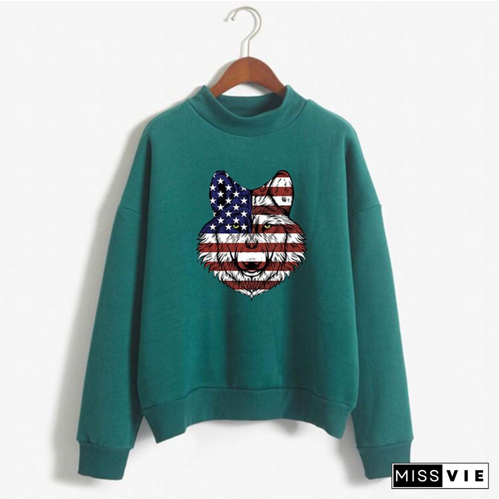 Women's Fashion Print Short Casual Pullover Loose Middle Collar Sweater