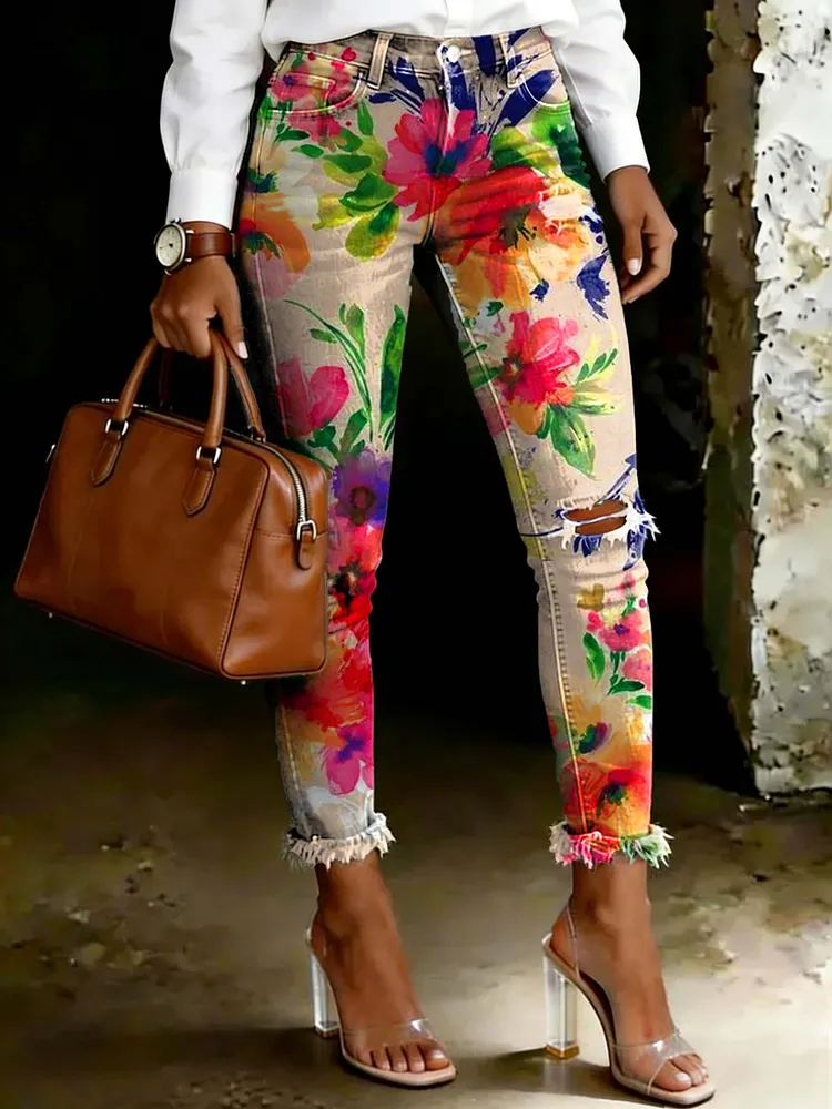 Women's Vintage Colorful Floral Ripped Skinny Jeans
