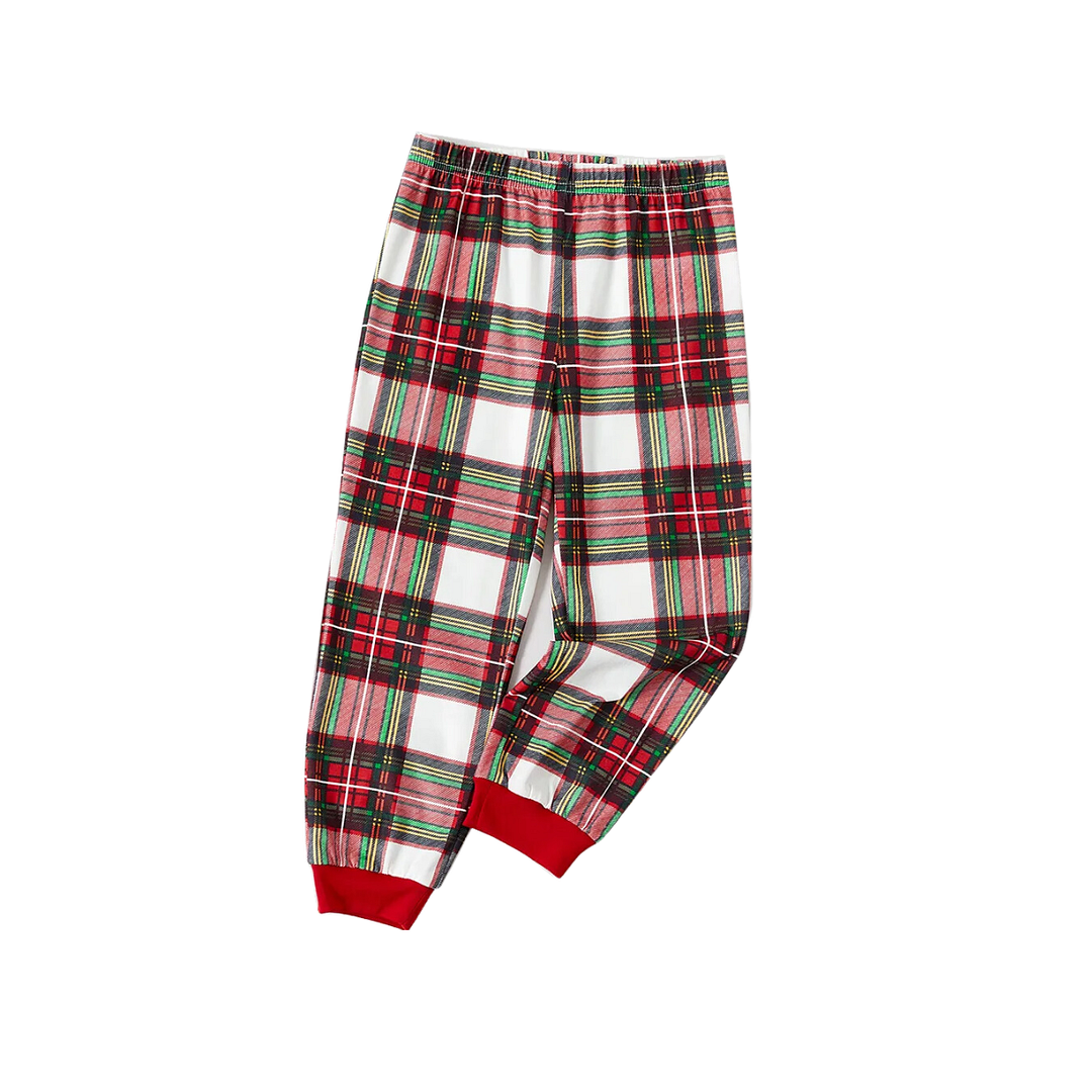 Red Santa Hat "Merry Christmas" Letter Print Black Long Sleeves Top with Green Red White Classic Plaid Pants Family Matching Pajamas