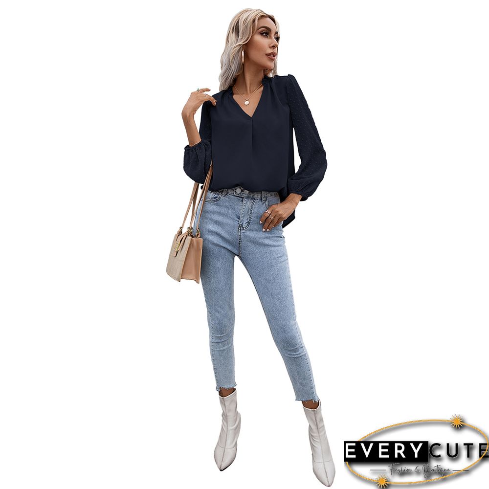 Navy Blue Puff Sleeve V Neck Long Sleeve Blouse