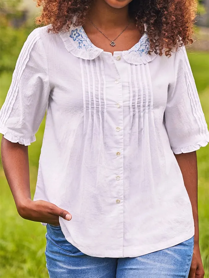 Women's Solid Color Cotton And Linen Patchwork Top