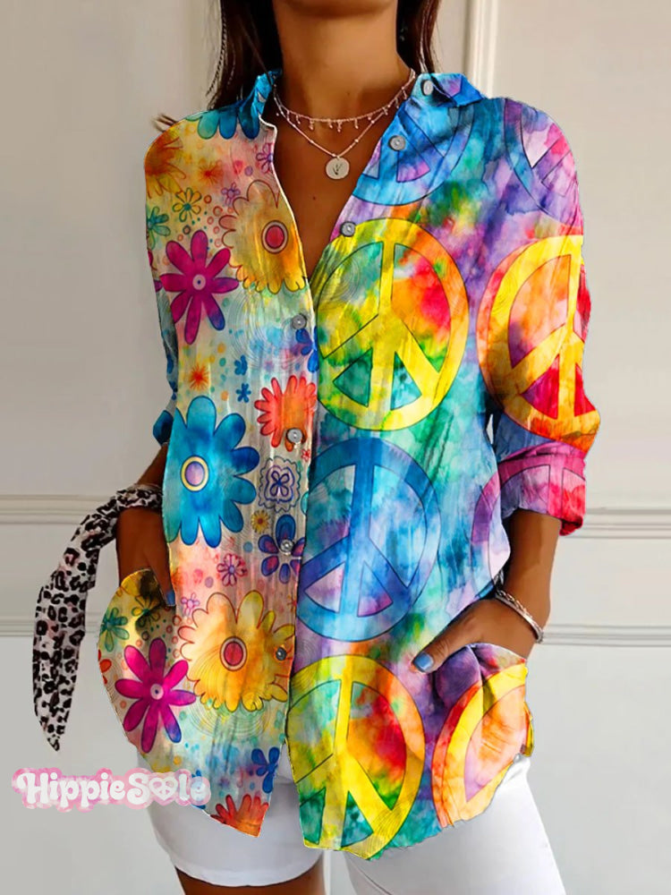 Women&rsquo;s Vintage Hippie Peace Flower Art Print Casual Cotton Shirt Multicolor / S