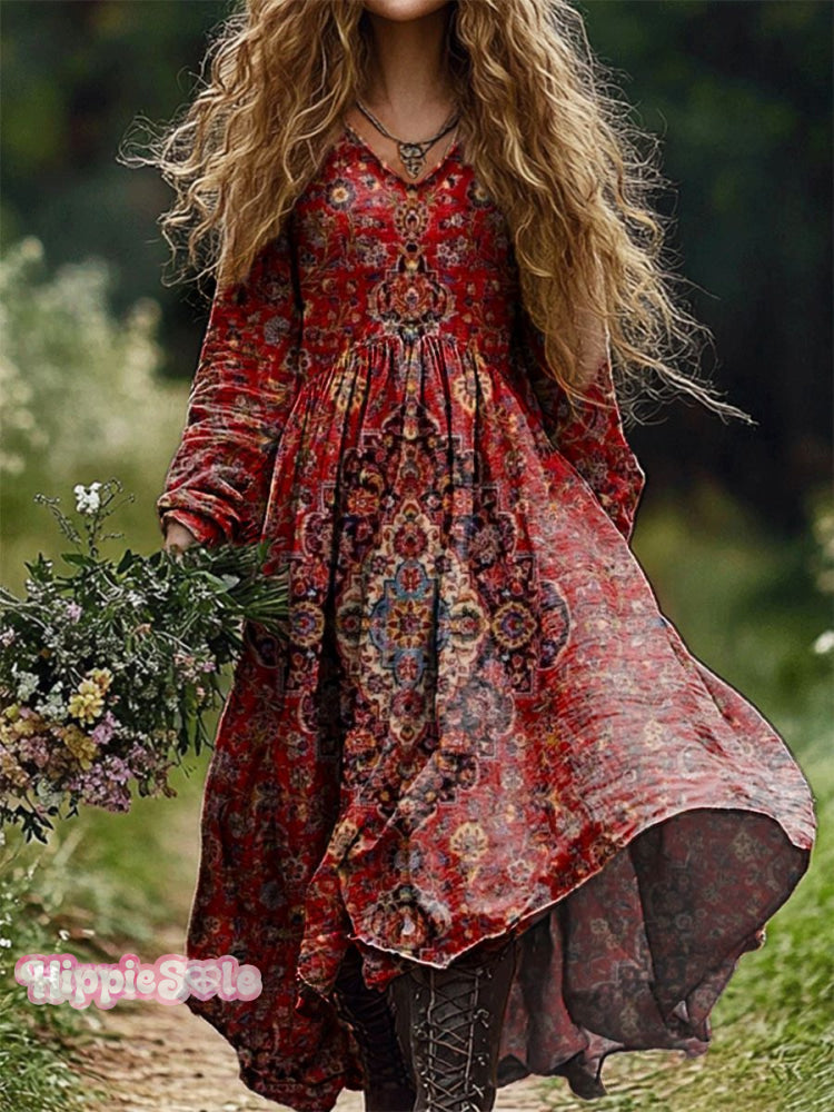 Women&rsquo;s National Floral Art Pattern Print V Neck Pocket Cotton Dress Multicolor / S