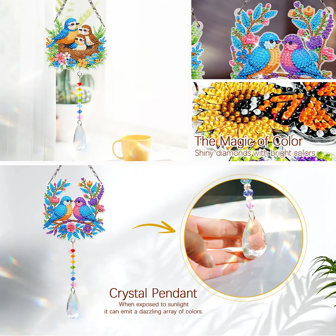 2Pcs Birds Family DIY Acrylic Diamond Painting Art Wind Chimes with Crystal Pendant Diamond Art Hanging Pendant Double-Sided for Adults Beginners Gift Home Garden Decor