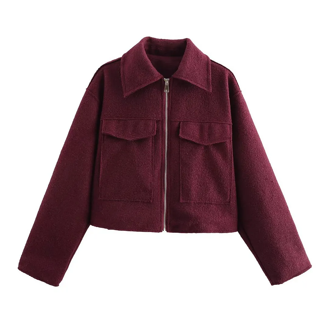 Nigikala Nigikala Spring/Autumn Festival New Women's Collar Large Pocket Zipper Short Long-Sleeved Jacket B88684