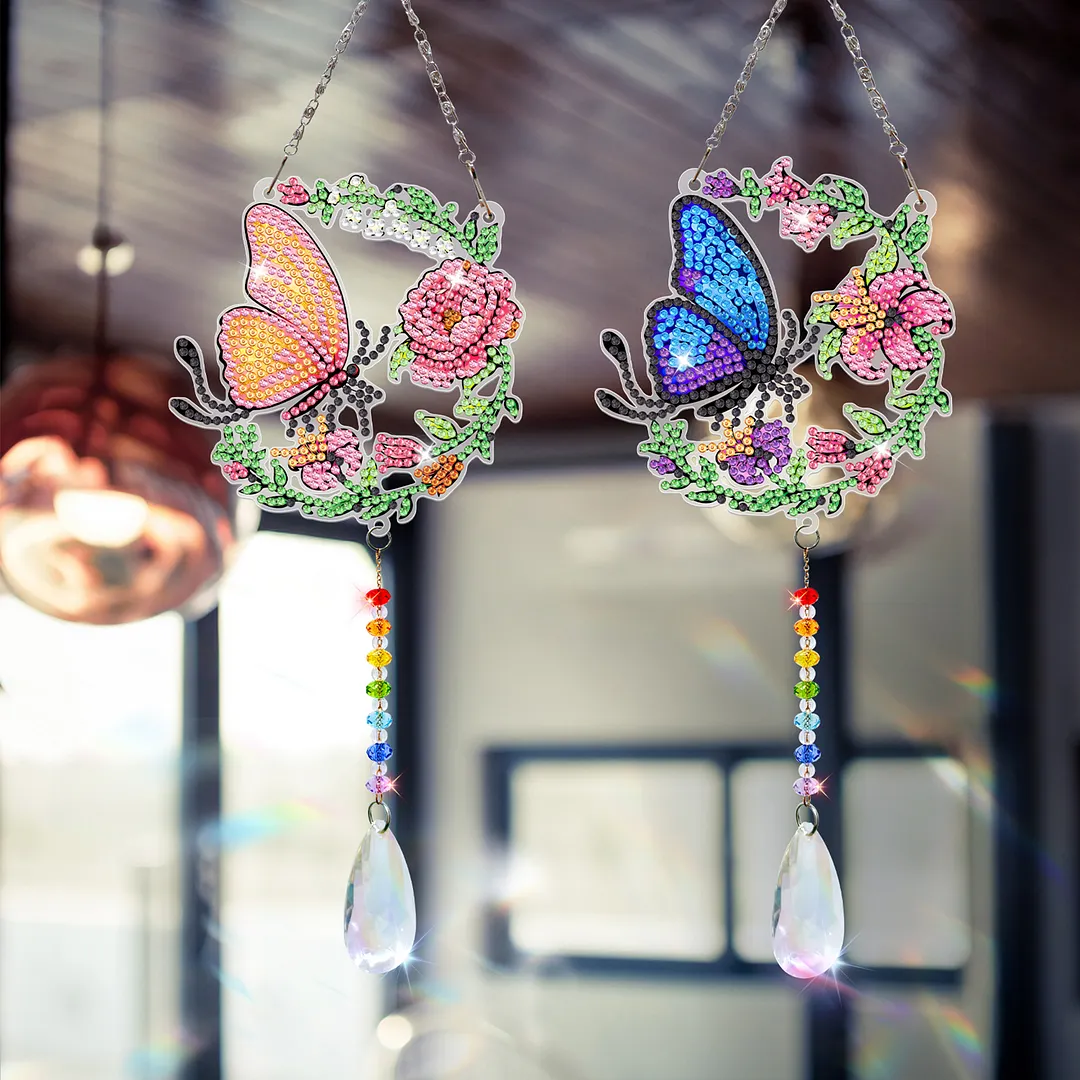 2Pcs Blue and Yellow Butterfly DIY Double-Sided Diamond Painting Hanging Kits Diamond Painting Suncatcher Craft Kit for Home Garden Wall Decor Gift