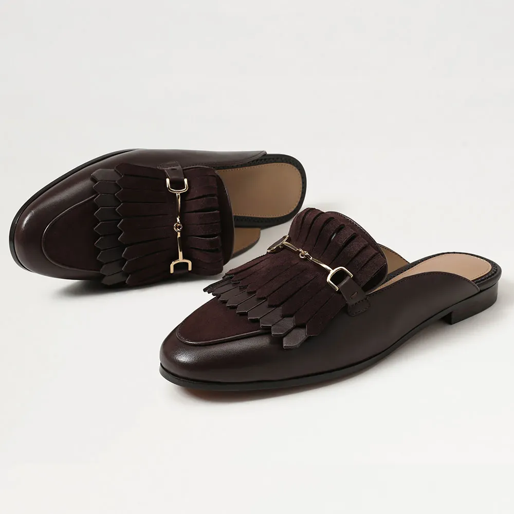 Chic Brown Round Toe Fringe Slip On Snaffle Buckle Flat Mules