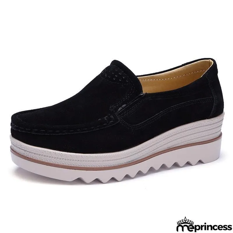 Women's Breathable Suede Round Toe Slip On Platform Shoes