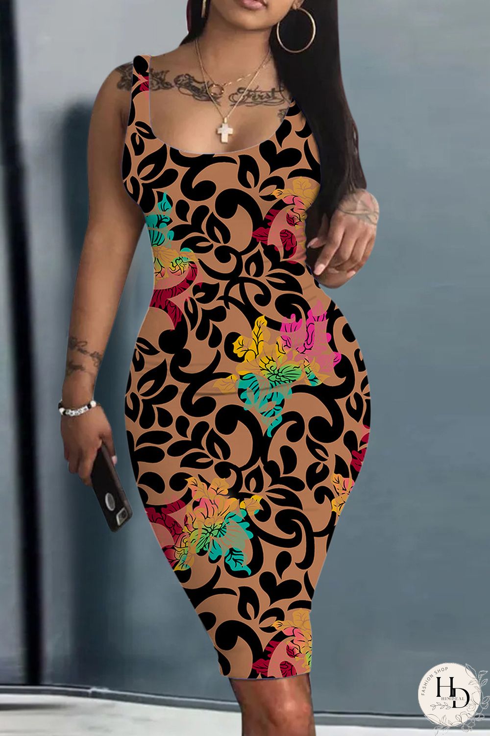 Light Brown Sexy Casual Print Basic U Neck Vest Dress Dresses