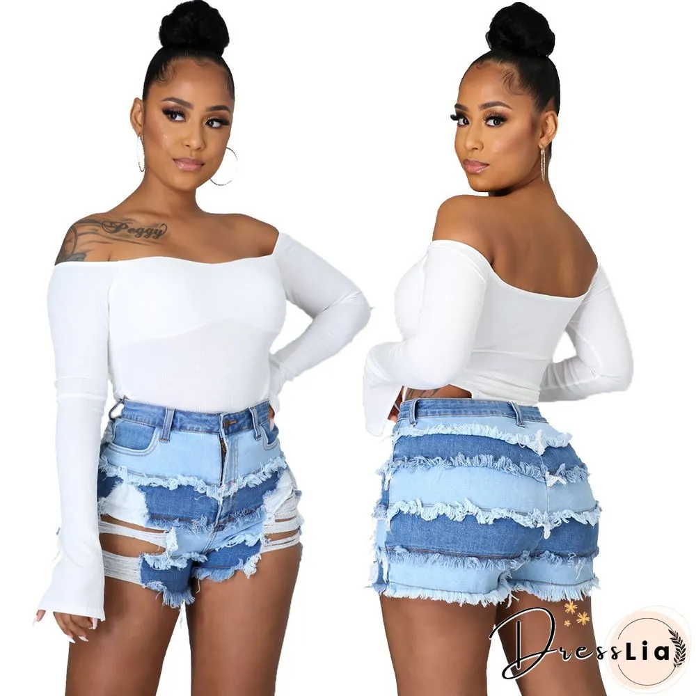 Summer Sexy Patchwork Women Ripped High Waist Holes Stretch Streetwear Plus Size Denim Shorts