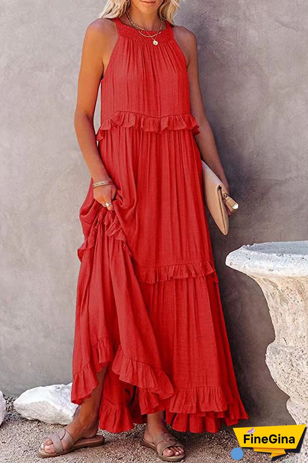 Pocketed Halter Textured Maxi Dress