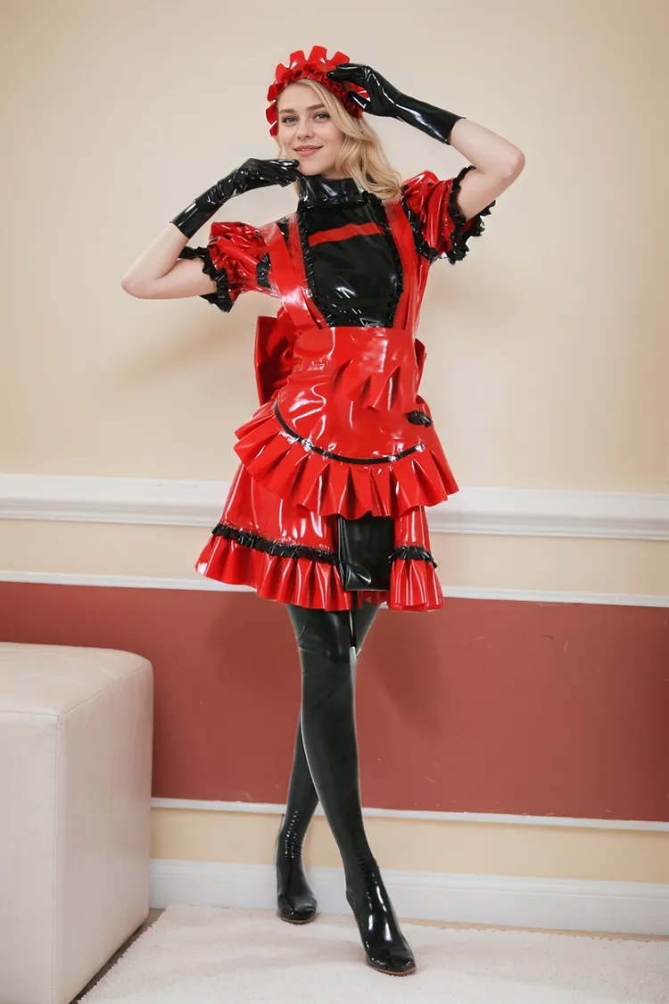 Women Latex Dress Uniform Red maid costume cosplay