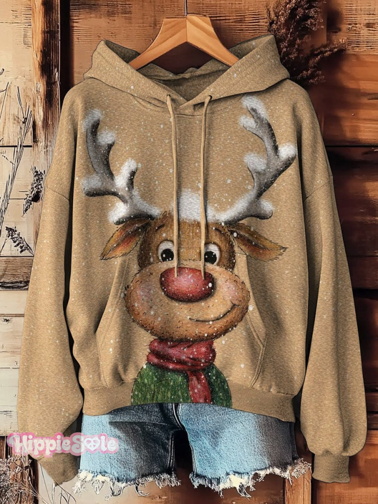 Women&rsquo;s Vintage Christmas Elk Prints Casual Pocket Hooded Sweatshirt Multicolor / S