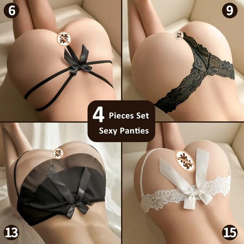 16 Types Of Porno Open Crotch Sexy Panties Lace See Through String Briefs 4 Pcs Set Cute Bow Knot Thong Sex Underwear For Women