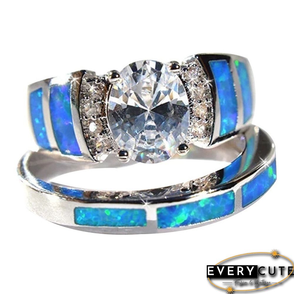 2Pcs/Set 925 Silver Rings For Women White Sapphire Blue Opal Jewelry Inlaid Fine Prong Wedding Ring Sz 5-10