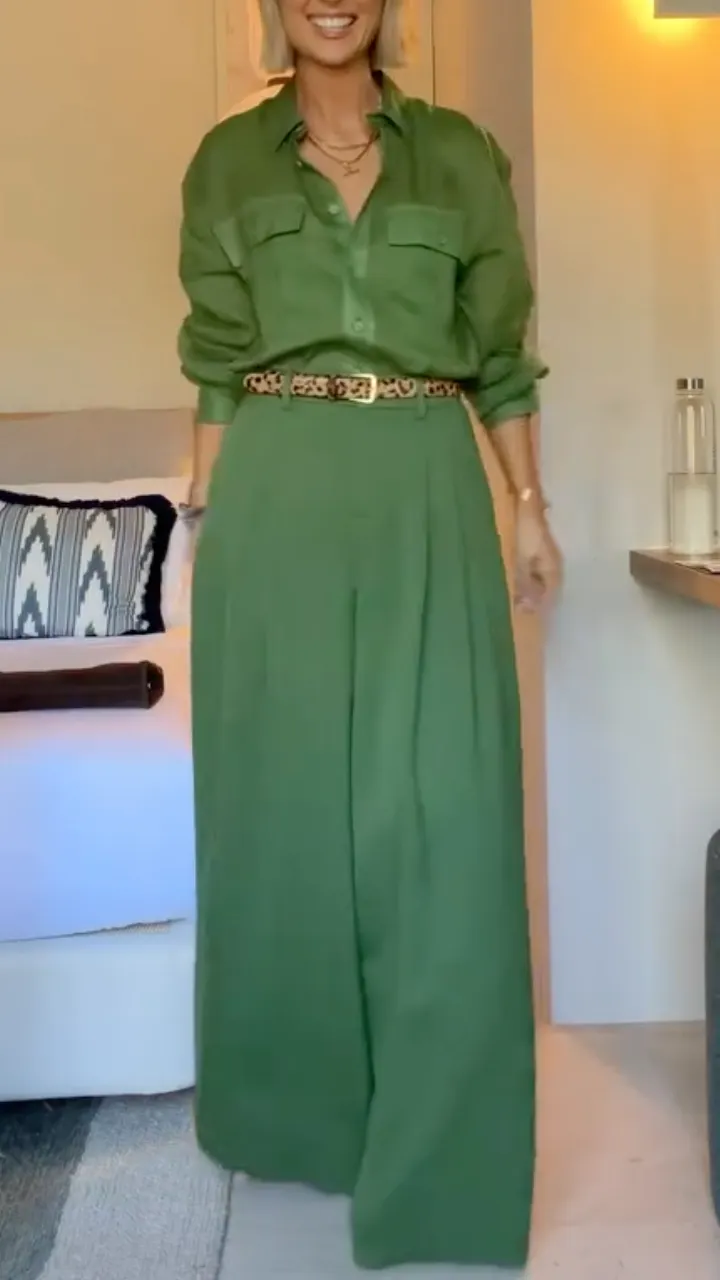  Green Linen Blend Button-Down Shirt & Wide Leg Pants Two-Piece Set