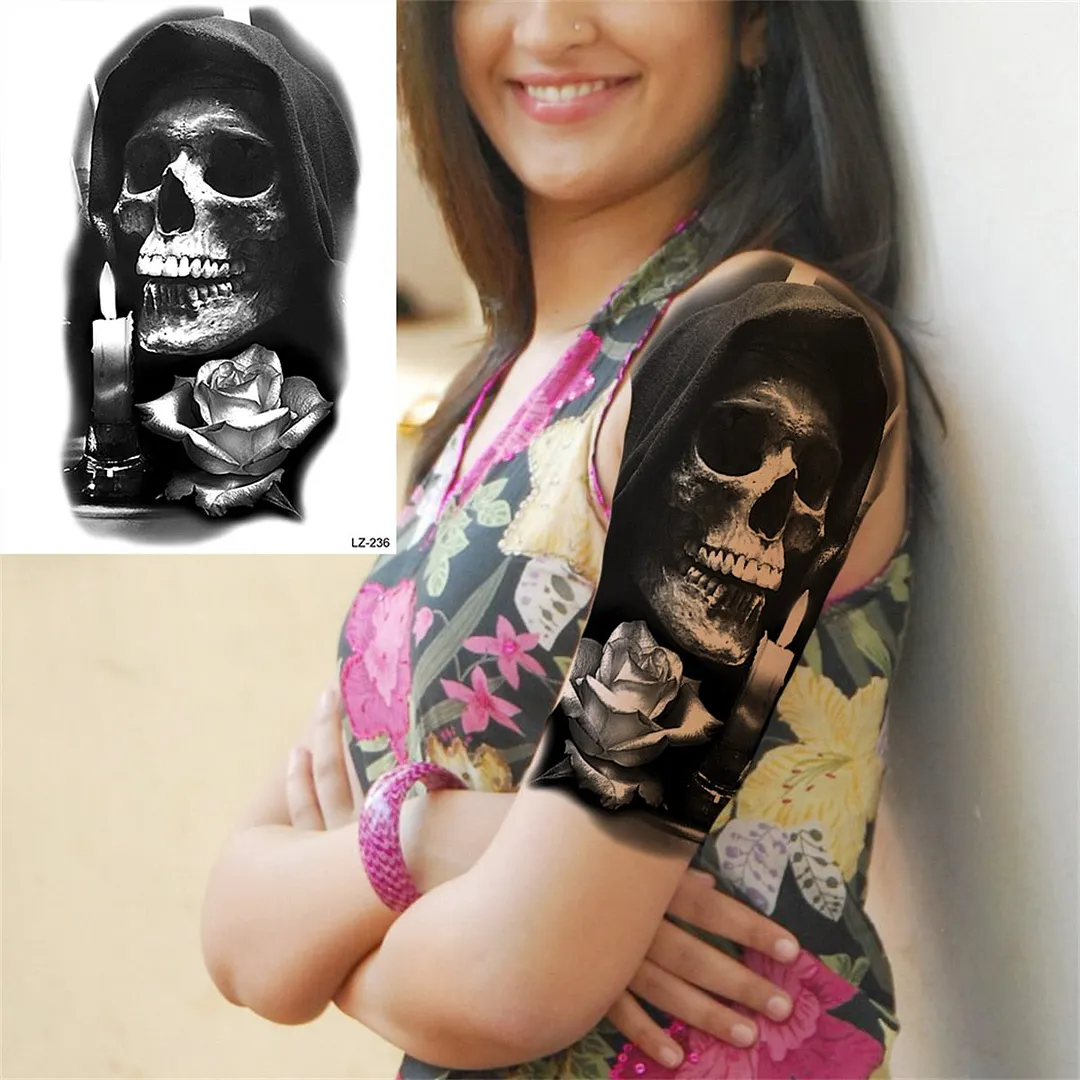 Flower Skeleton Temporary Tattoos For Women Men Adult Death Skull Tattoo Sticker Fake Lion Wolf Forest Black Evil Tatoos Armband