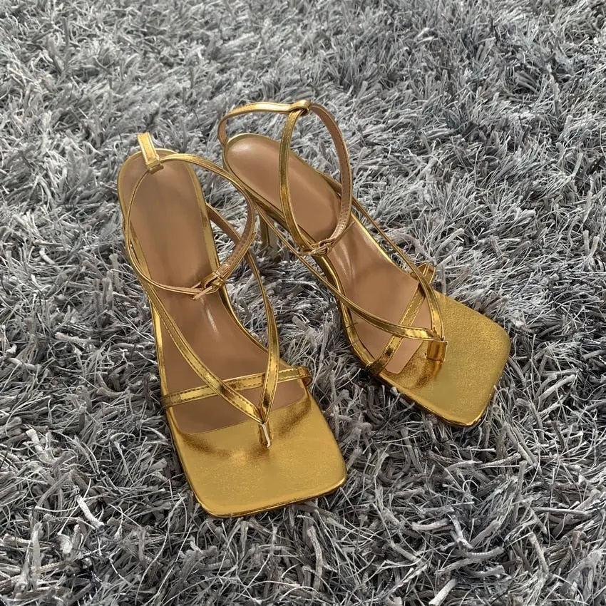 2020 Summer New Fashion Pinch Narrow Band Women Gladiator Sandal Shoes Ladies Square Open Toe Ankle Buckle Strap Stiletto Heels