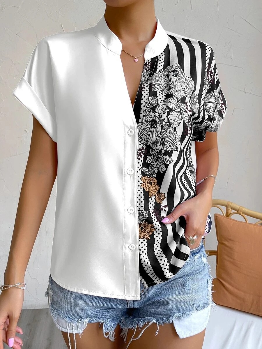 Women's Double Contrast Color Floral Button Cardigan Short Sleeve Shirt