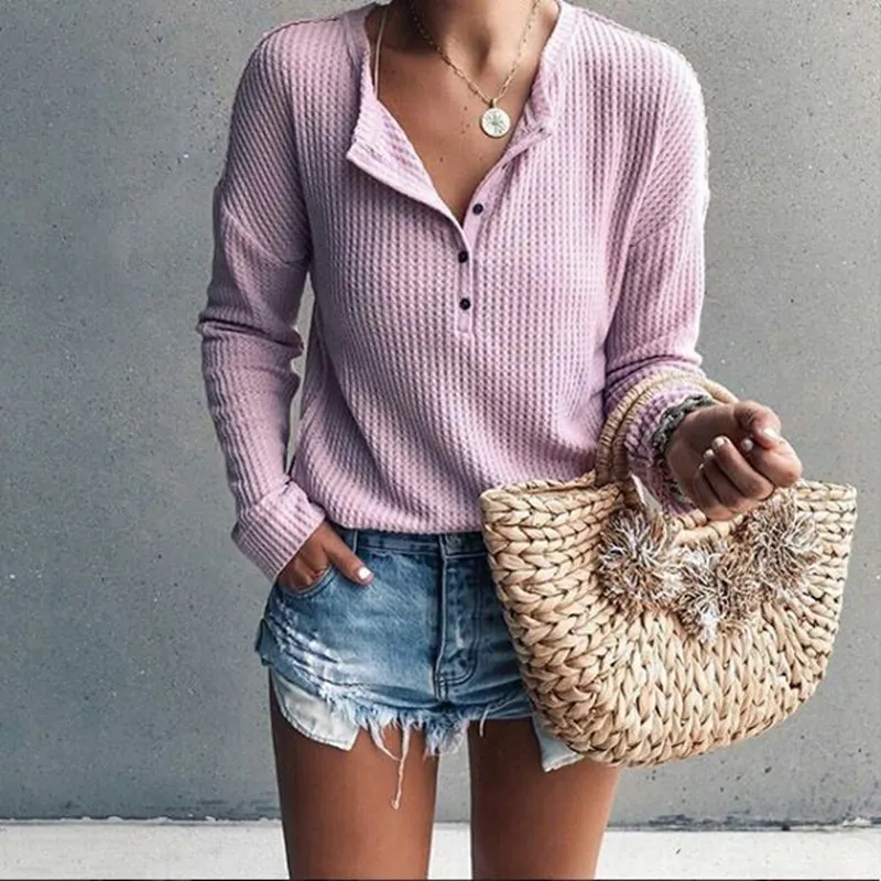 V-Neck Buttons Embellished Long Sleeves T-shirt