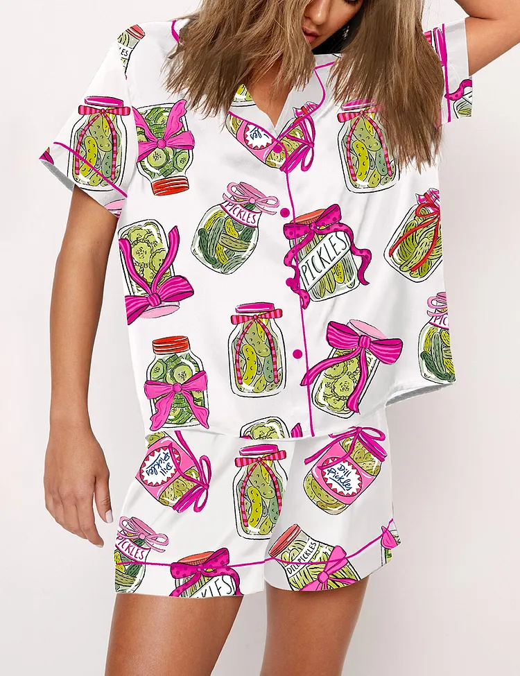 Women&rsquo;s Pickle Lover Pink Bows Short Sleeve Satin Pajama Set