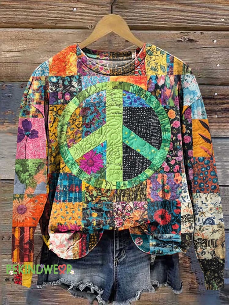 Retro Peace Sign Floral Art Sweashirt Multicolor / S