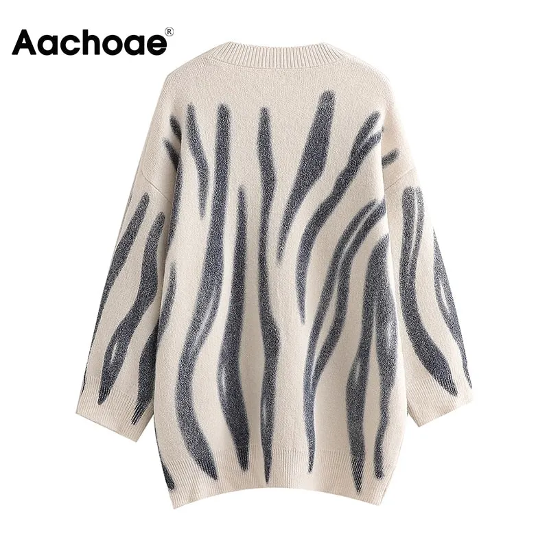Aachoae Autumn 2021 Women Basic O Neck Printed Sweater Vintage Batwing Long Sleeve Jumper Tops Female Casual Loose Sweaters